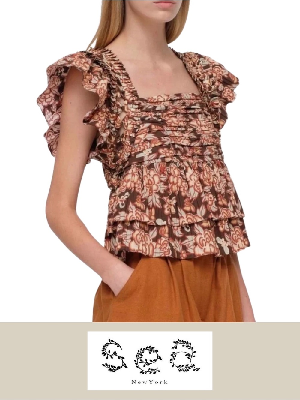 Sea New York Pintucked Blouse Brown Floral Ruffle Tiered Sleeveless Top